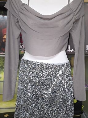#58 SHEIN Silver Sequin Midi Skirt SzM with Gray Draped Crop Top SzS